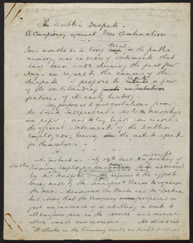 Manuscript draft letter from Thomas Johnson to 'Daily Herald' regarding the Dublin Lockout,