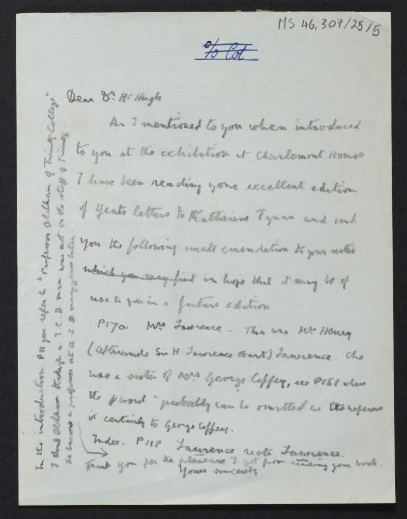 Letter from Diarmid Coffey, to Roger McHugh regarding his book about W. B. Yeats and Katherine Tynan,