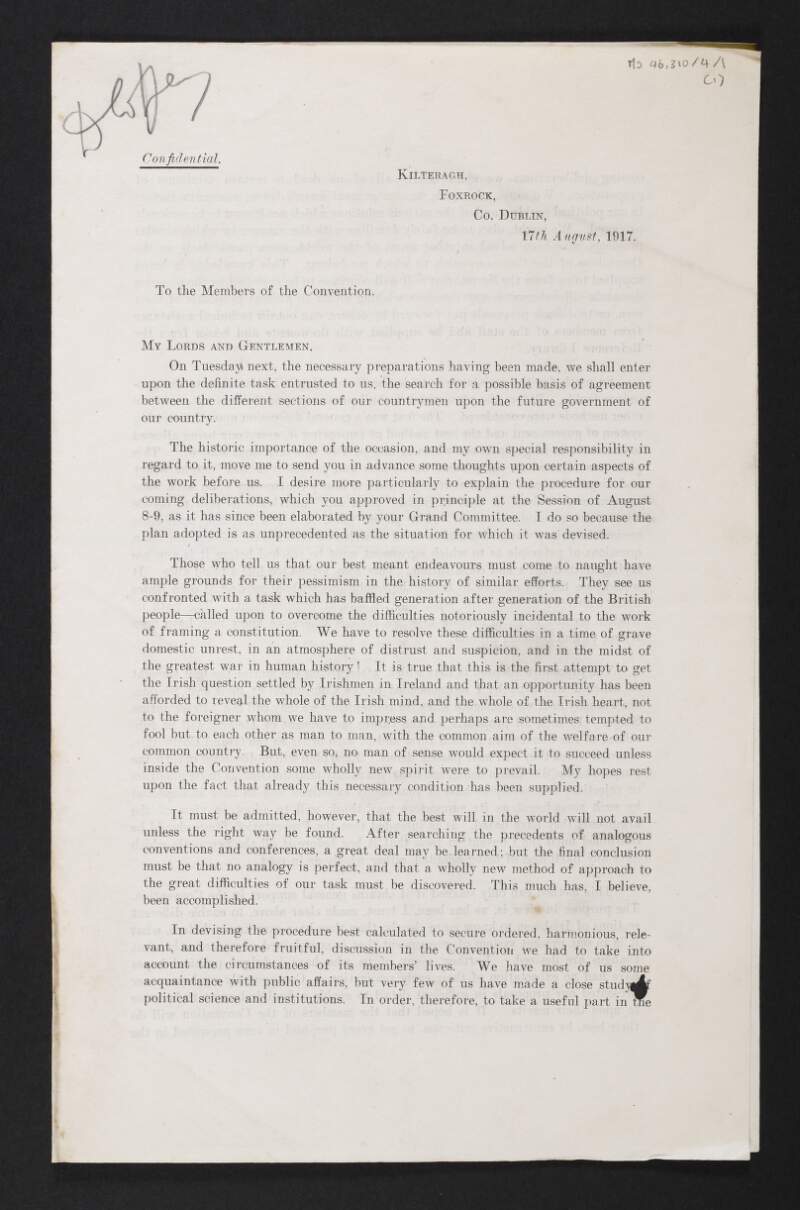 Circular letter from Sir Horace Plunkett, Dublin, to members of the Convention regarding the Irish Convention,