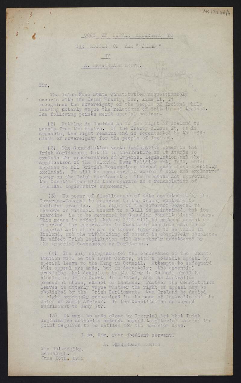 Copy letter from A. Berriedale Keith to Editor of the 'Times' regarding the Treaty,