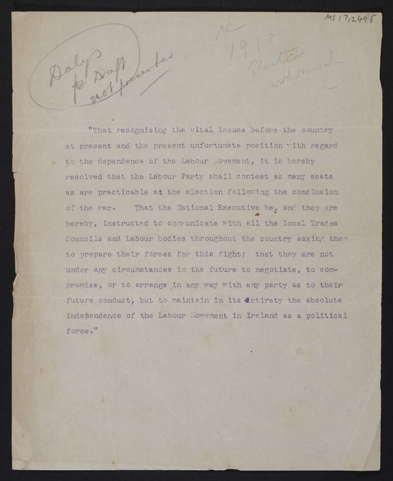 Manuscript notes by Thomas Johnson regarding the Labour Party contesting seats in the 1918 General Election,
