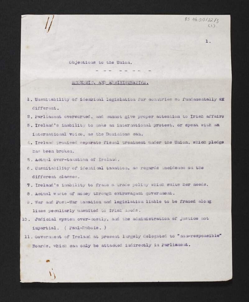 Statement titled 'Objections to the Union',