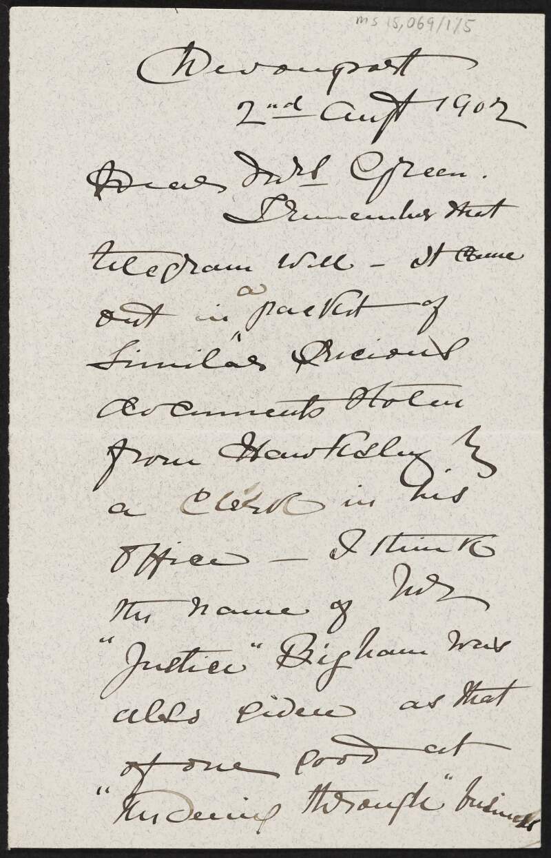 Letter from William Francis Butler to Alice Stopford Green regarding politics,