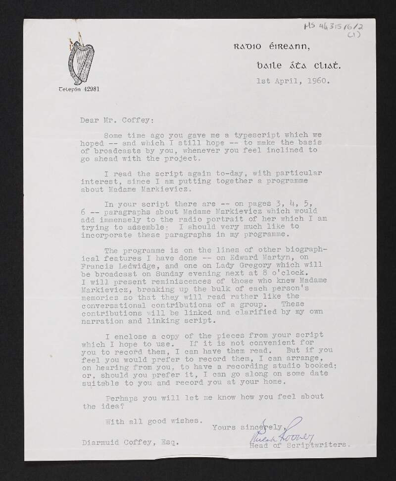 Letter from Radio Éireann to Diarmid Coffey regarding a show about Countess Markievicz,