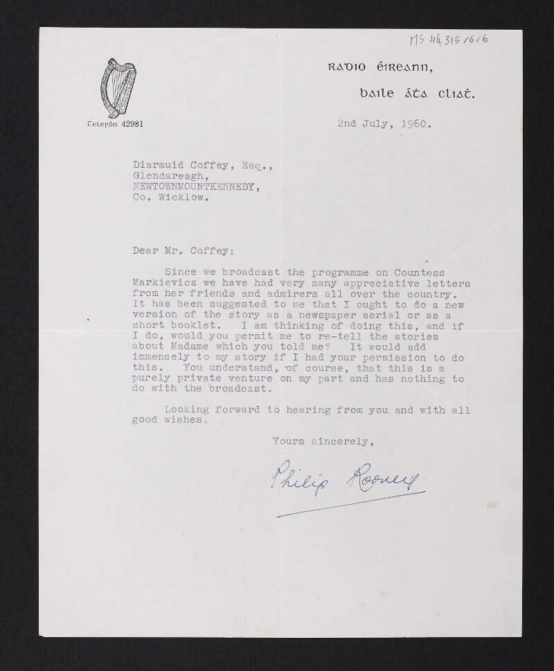 Letter from Philip Rooney, Radio Éireann, to Diarmid Coffey regarding a new show about Countess Markievicz,