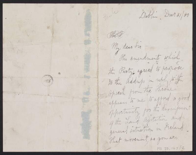 Letter from Charles Stewart Parnell, Dublin, to Alfred Webb regarding an amendment agreed by the Irish Parliamentary Party relating to land agitation,