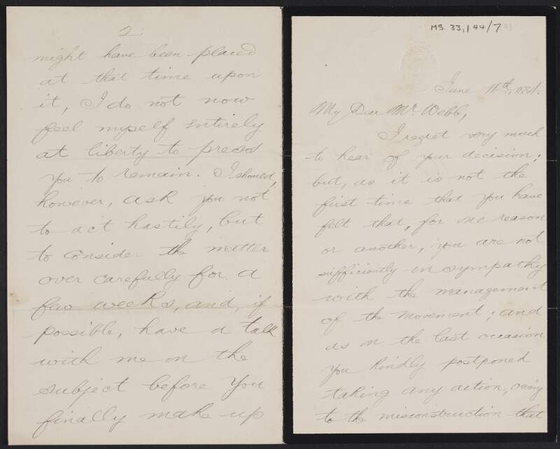 Letter from Charles Stewart Parnell, House of Commons, to Alfred Webb regarding Webb's decision to resign as treasurer of the National League,