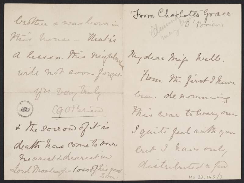 Letter from Charlotte Grace O'Brien to Elizabeth Shackleton Webb regarding the Boer War,