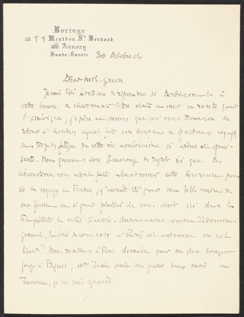 Letter from L. Paul-Dubois to Alice Stopford Green referencing the School of Irish Learning,