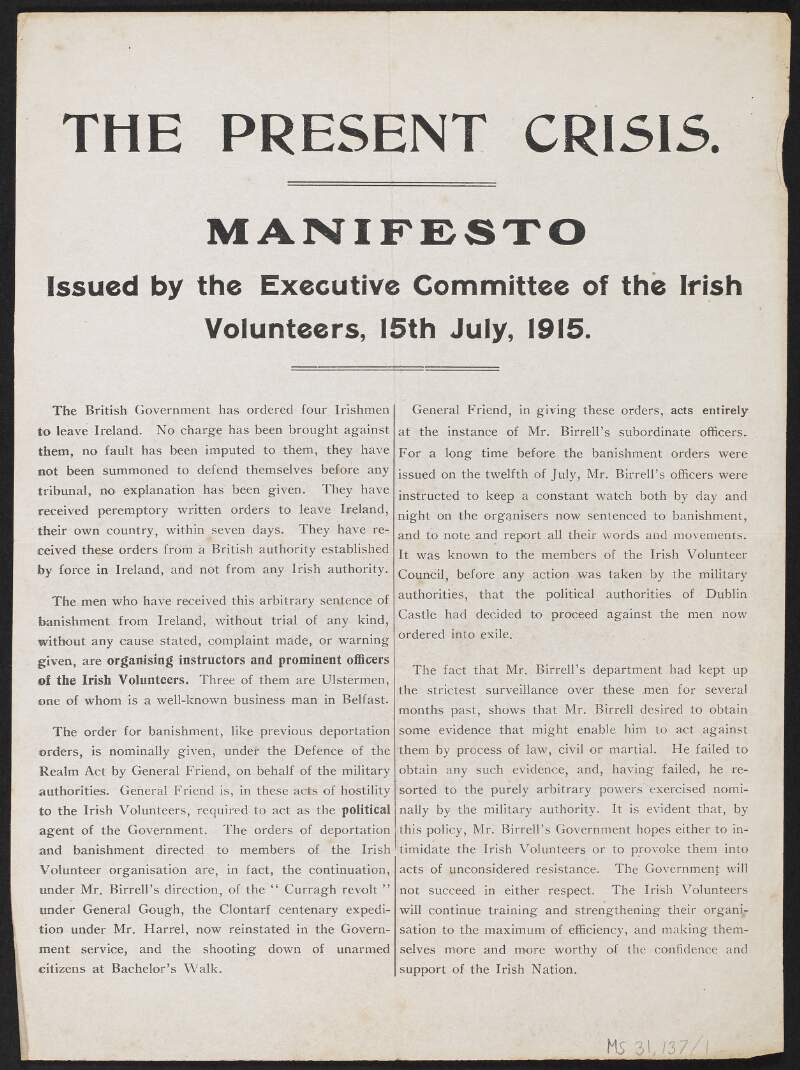 Flyer from the Irish Volunteers titled "The Present Crisis: Manifesto",