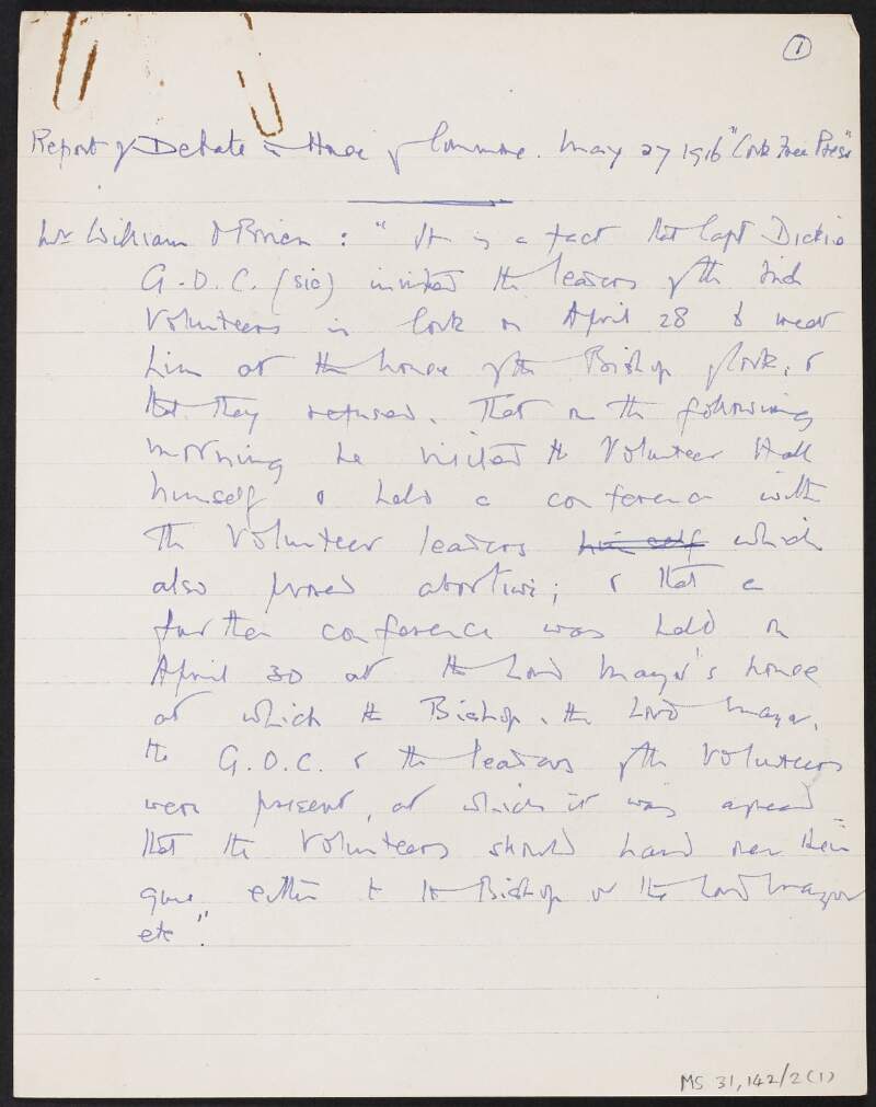 Note from report of debate between William O'Brien and Harold John Tennant at the House of Commons regarding events over Easter week,