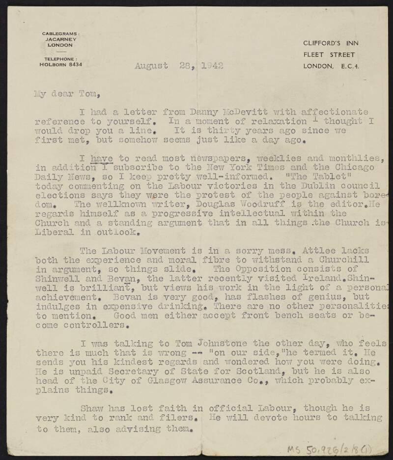 Letter from Jack Carney to Thomas Johnson regarding the Labour Movement, James Larkin, and the Trade Union Congress,