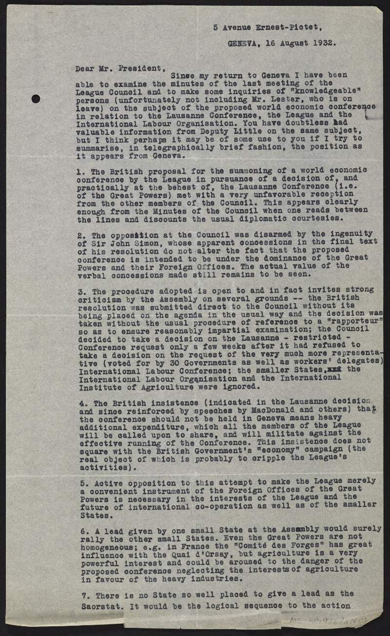 Copy letter from R. J. P. Mortished to Éamon De Valera regarding the position of the League Council on the Lausanne Conference, the League and the International Labour Organization,