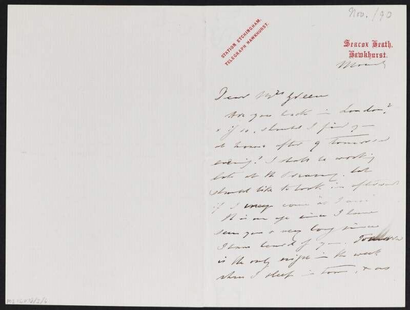 Letter from George Joachim Goschen to Alice Stopford Green inquiring as to when she will be at her house,