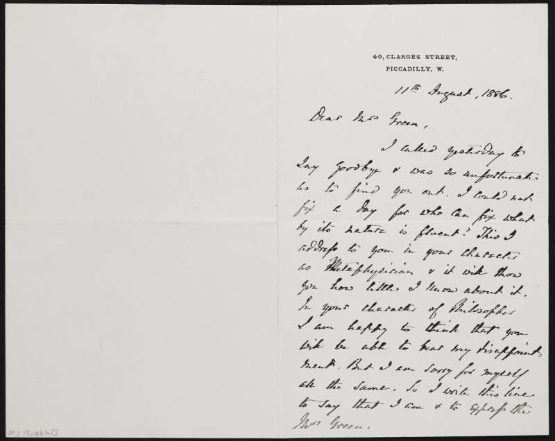 Letter from James Russell Lowell to Alice Stopford Green noting that he called to her home and that he is seeking her advice,