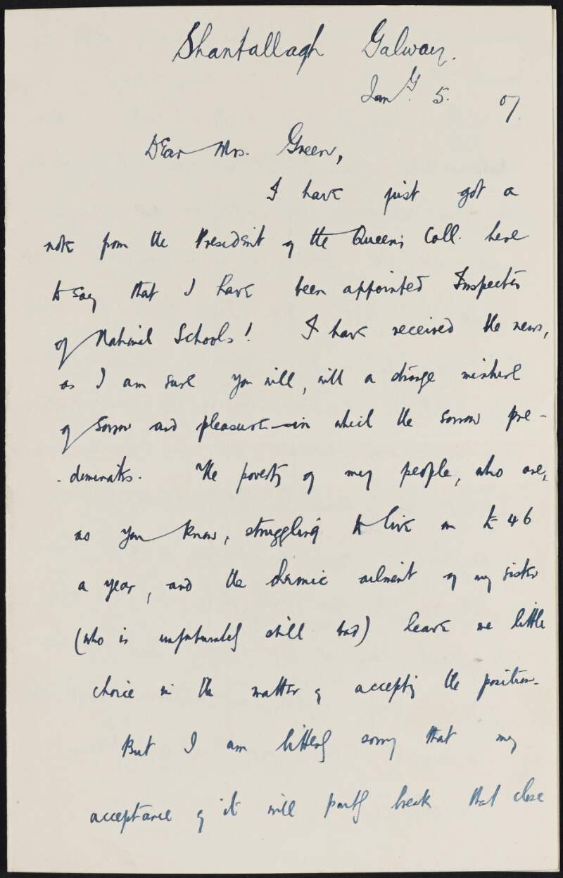 Letter from Joseph O'Neill to Alice Stopford Green noting that he has been appointed Inspector of National Schools,