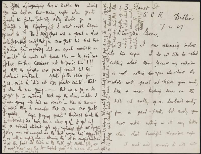 Letter from Joseph O'Neill to Alice Stopford Green discussing a debate about William Butler Yeats' 'Playboy of the Western World',