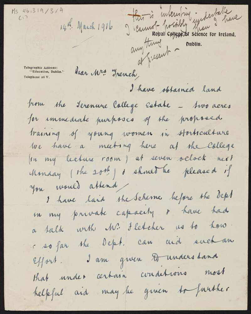 Letter from Royal College of Science for Ireland, Dublin, to Isabella Chenevix Trench regarding horticulture for girls, and the war food effort,