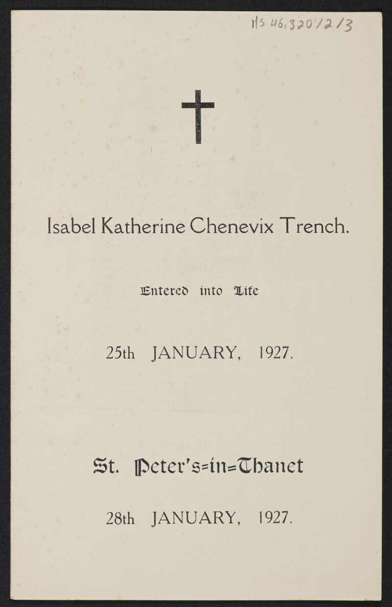 Memorial leaflet of Isabella Chenevix Trench's funeral,
