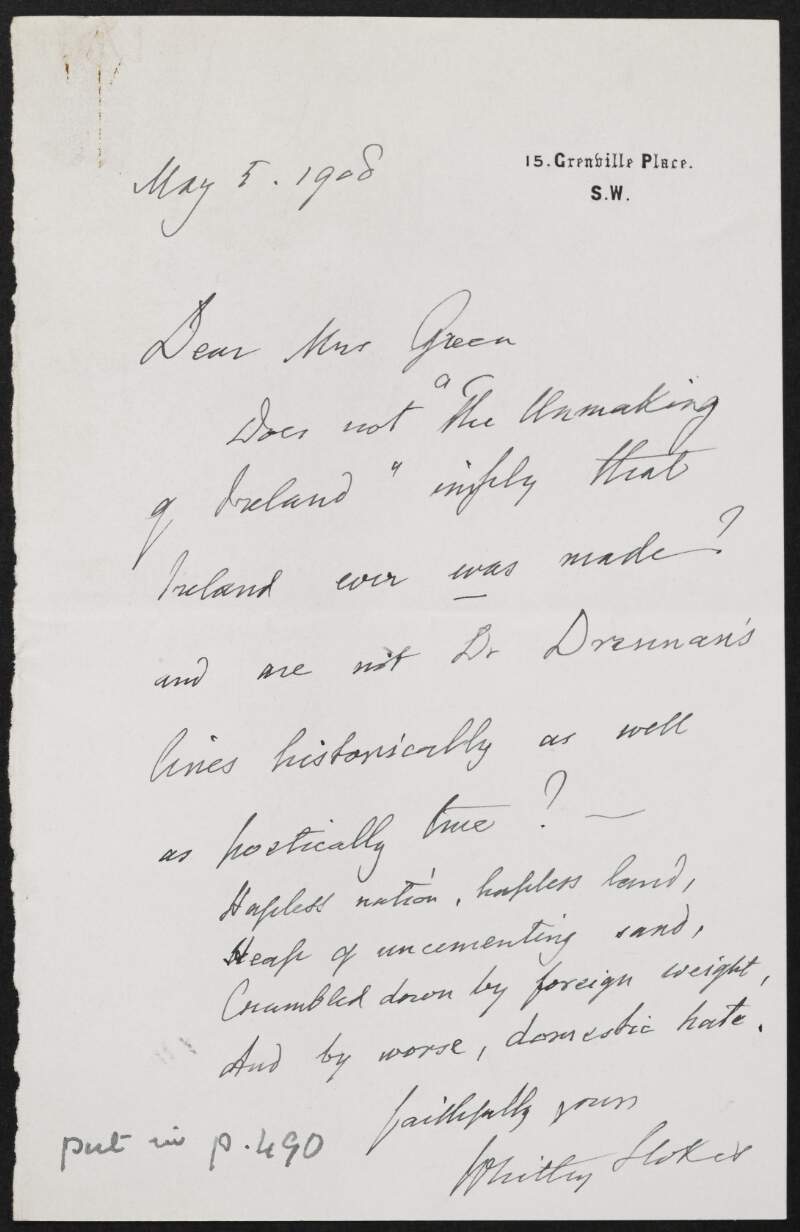 Letter from Whitley Stokes to Alice Stopford Green referring to Green's work and quotes William Drennan,