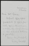 Letter from Sidney Webb to Alice Stopford Green thanking her for her kindness,