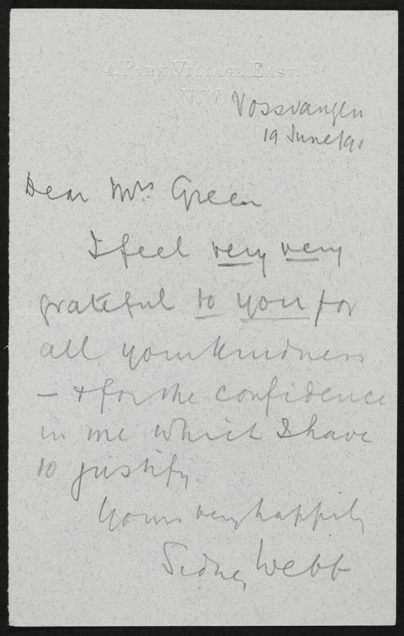 Letter from Sidney Webb to Alice Stopford Green thanking her for her kindness,