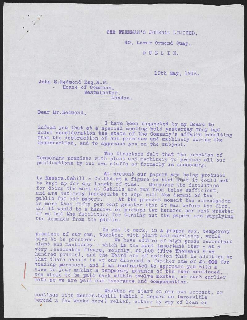 Letter from William J. Flynn, Managing Editor, to John Redmond regarding a board meeting discussing the company's affairs following the destruction of the premises and machinery during the Easter Rising,