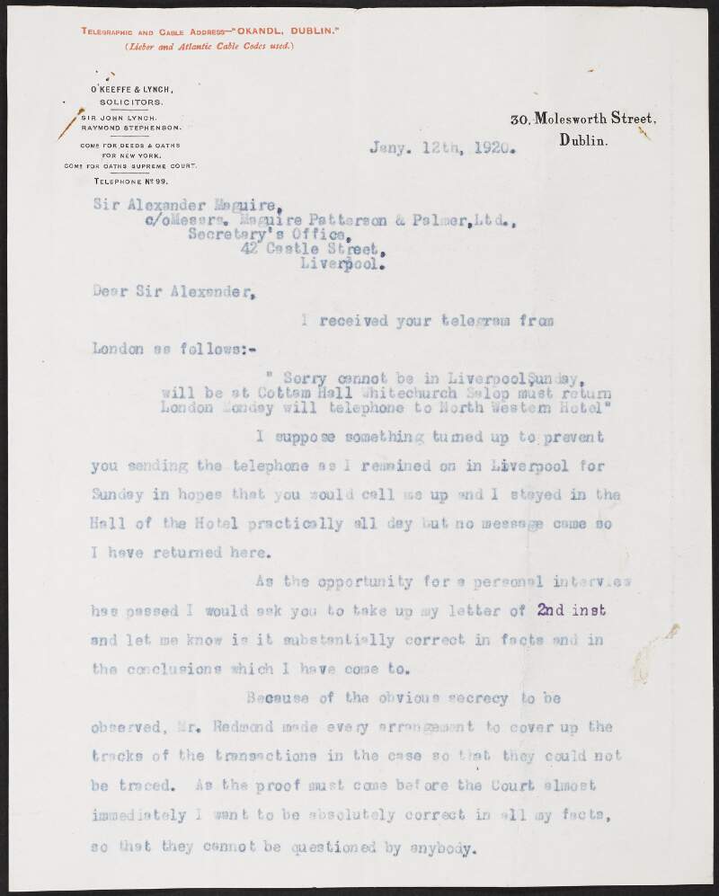 Letter from [John Lynch], O'Keeffe & Lynch Solicitors, to Alexander Maguire regarding a special financial fund for the 'Freeman's Journal', and John Redmond,