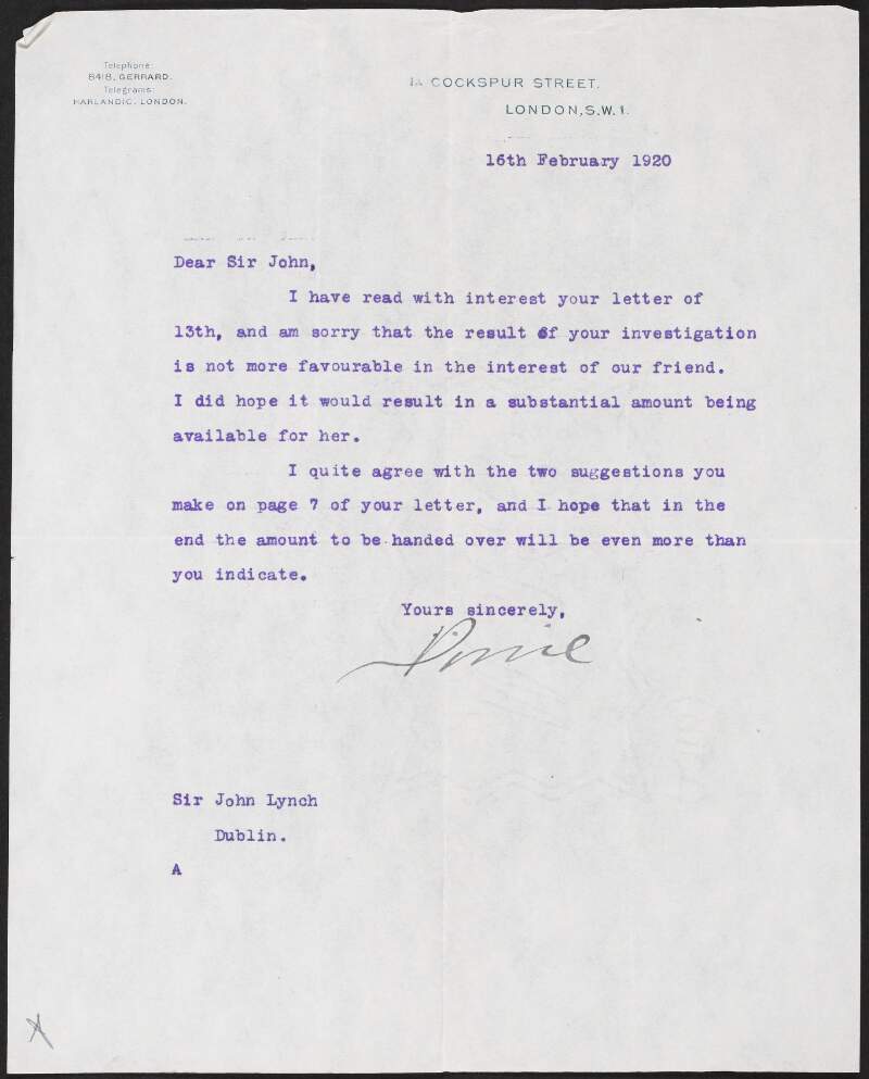Letter from William Pirrie to John Lynch regarding the result of his investigation,