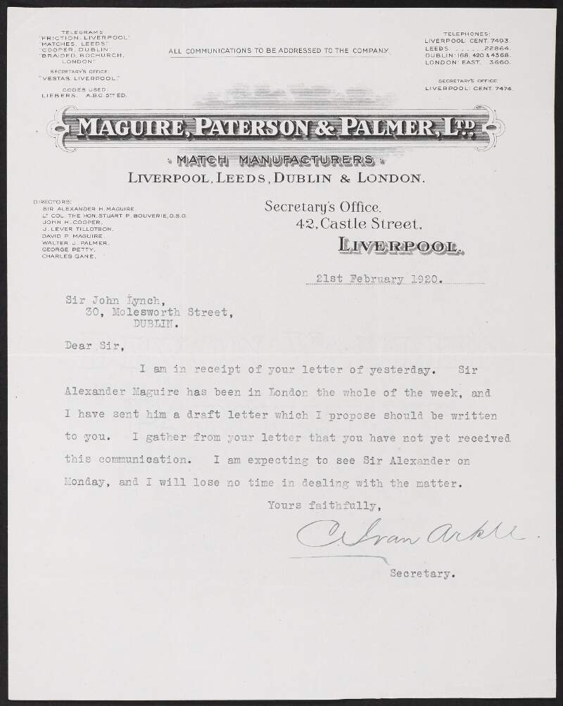 Letter from the Secretary, Maguire, Paterson & Palmer Ltd., to John Lynch acknowledging receipt of his letter and informing him that Alexander Maguire is in London,