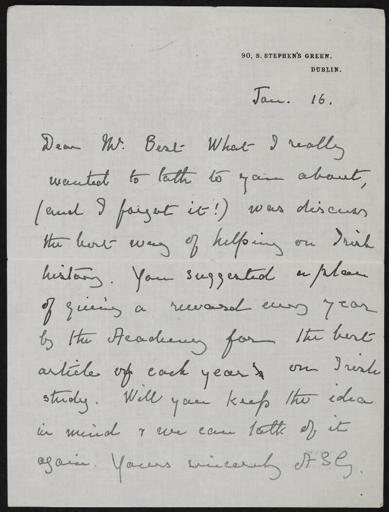 Letter from Alice Stopford Green to Richard Irvine Best regarding a proposal to award an annual prize for the best history article,