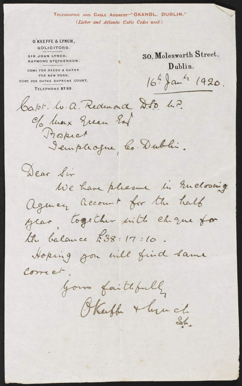 Letter from O'Keeffe & Lynch Solicitors to William Archer Redmond regarding a nonextant agency account and cheque,