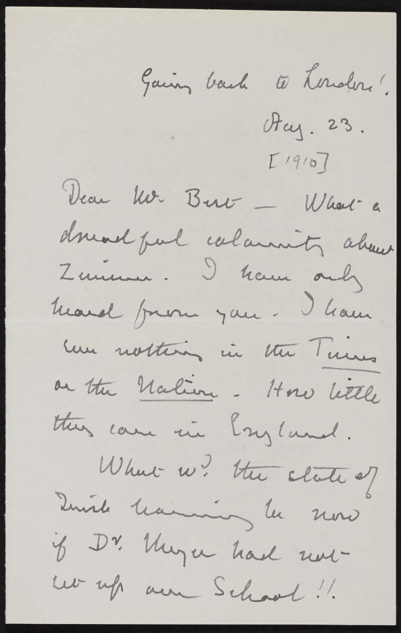 Letter from Alice Stopford Green to Richard Irvine Best regarding the death of [Heinrich Zimmer], the School of Irish Learning and Francis Joseph Bigger,