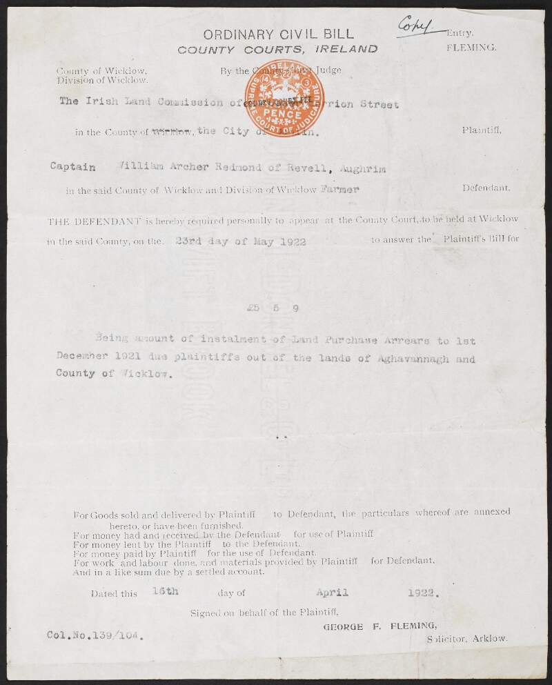 Copy summons issued by the Irish Land Commission to William Archer Redmond to appear at the County Court at Wicklow regarding Land Purchase Arrears,