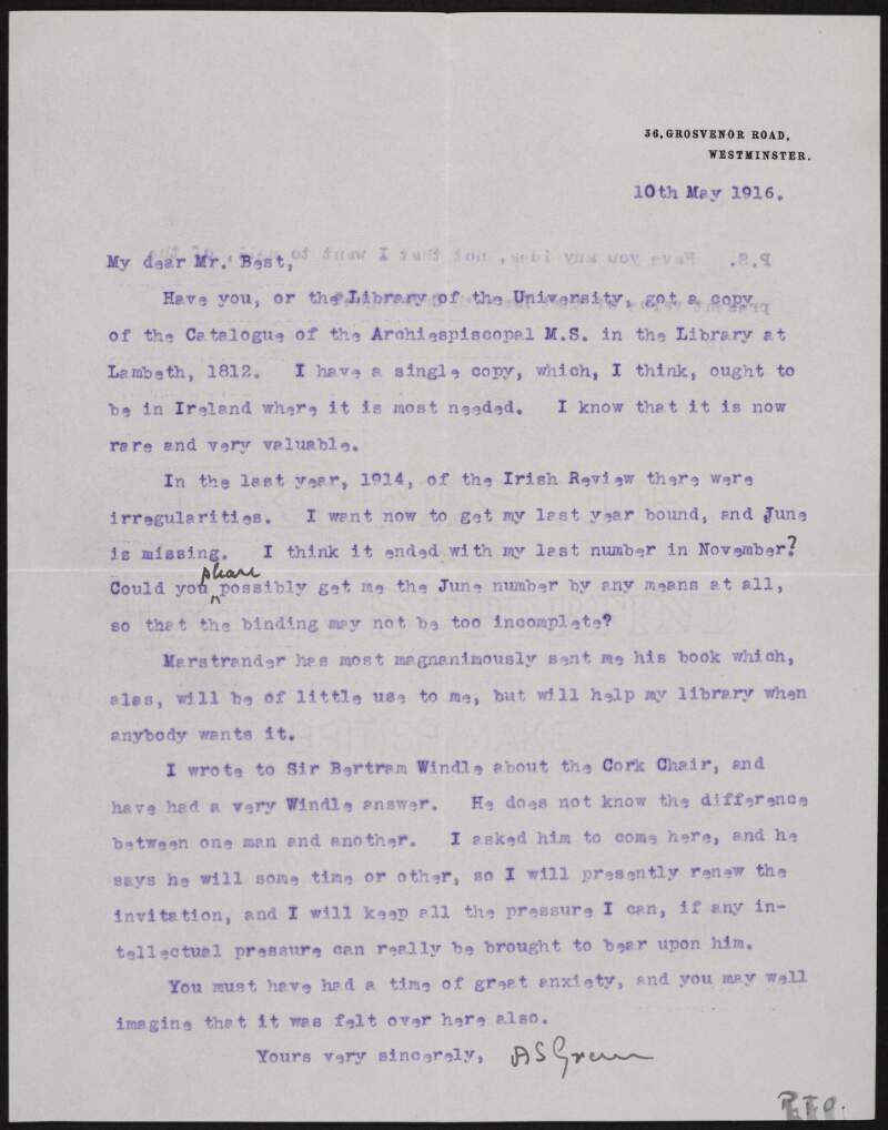 Letter from Alice Stopford Green to Richard Irvine Best regarding a copy of 'A Catalogue of the Archiepiscopal Manuscripts in the Library at Lambeth Palace', the 'Irish Review', Carl Marstrander's book and an invitation to Sir Bertram Windle,