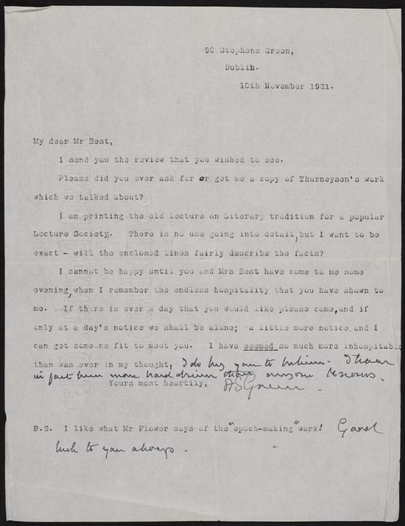 Letter from Alice Stopford Green regarding printing a lecture and a visit from Best and his wife,