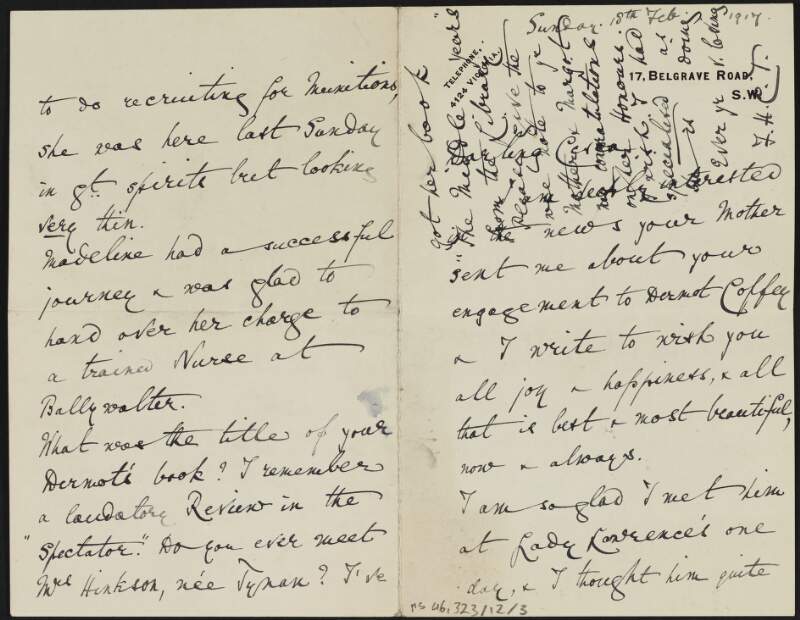 Letter from Francis Harriet Chenevix Trench, England, to Cesca Chenevix Trench regarding Cesca's engagement to Diarmid Coffey,