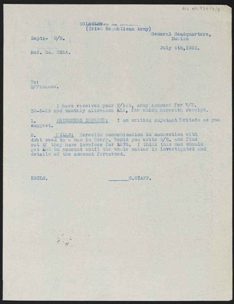 Copy letter from Frank Aiken, Chief of Staff, to Michael Colivet, Director of Finance, regarding prisoners defence and debt owed to a man in Newry,