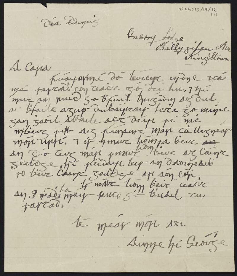 Letter from unidentified author, County Dublin, to Cesca Chenevix Trench regarding Irish and arranging a visit,