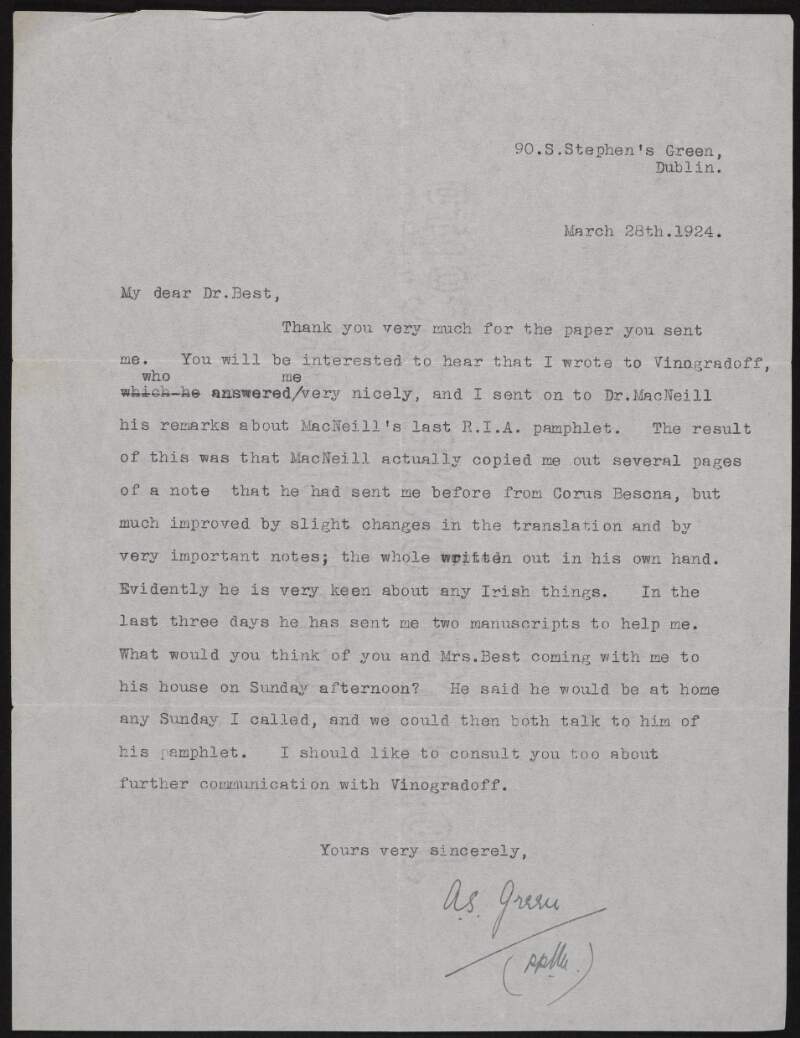 Letter from Alice Stopford Green to Richard Irvine Best discussing a note sent by Eoin MacNeill,
