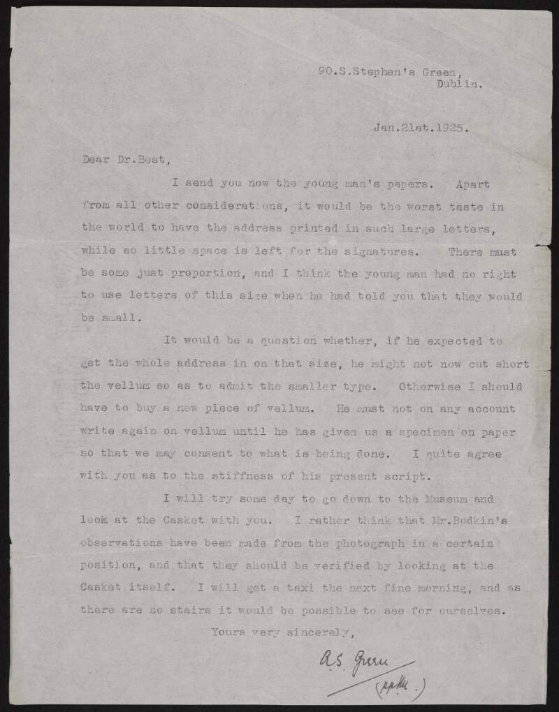 Letter from Alice Stopford Green to Richard Irvine Best discussing type size on vellum,