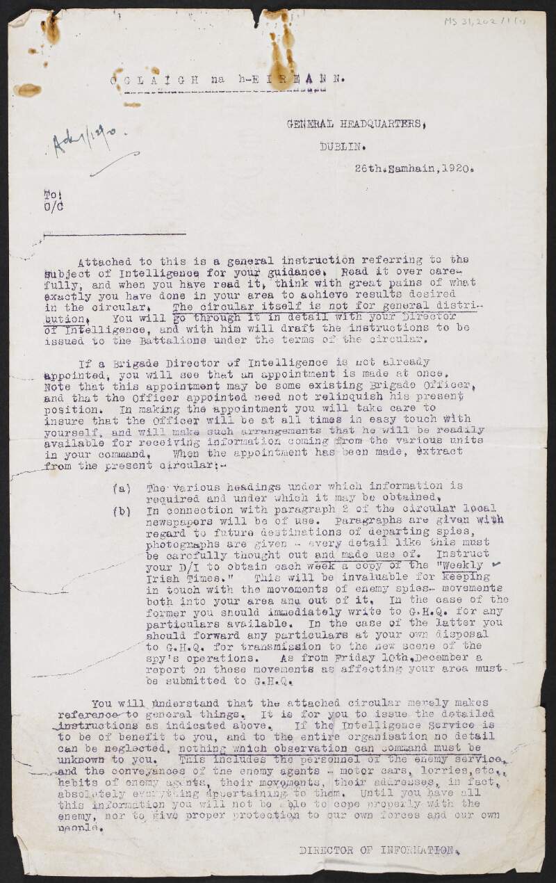 Copy circular letter from Michael Collins, Director of Information, Irish Volunteers, to commanding officers regarding intelligence systems within the Irish Volunteers,