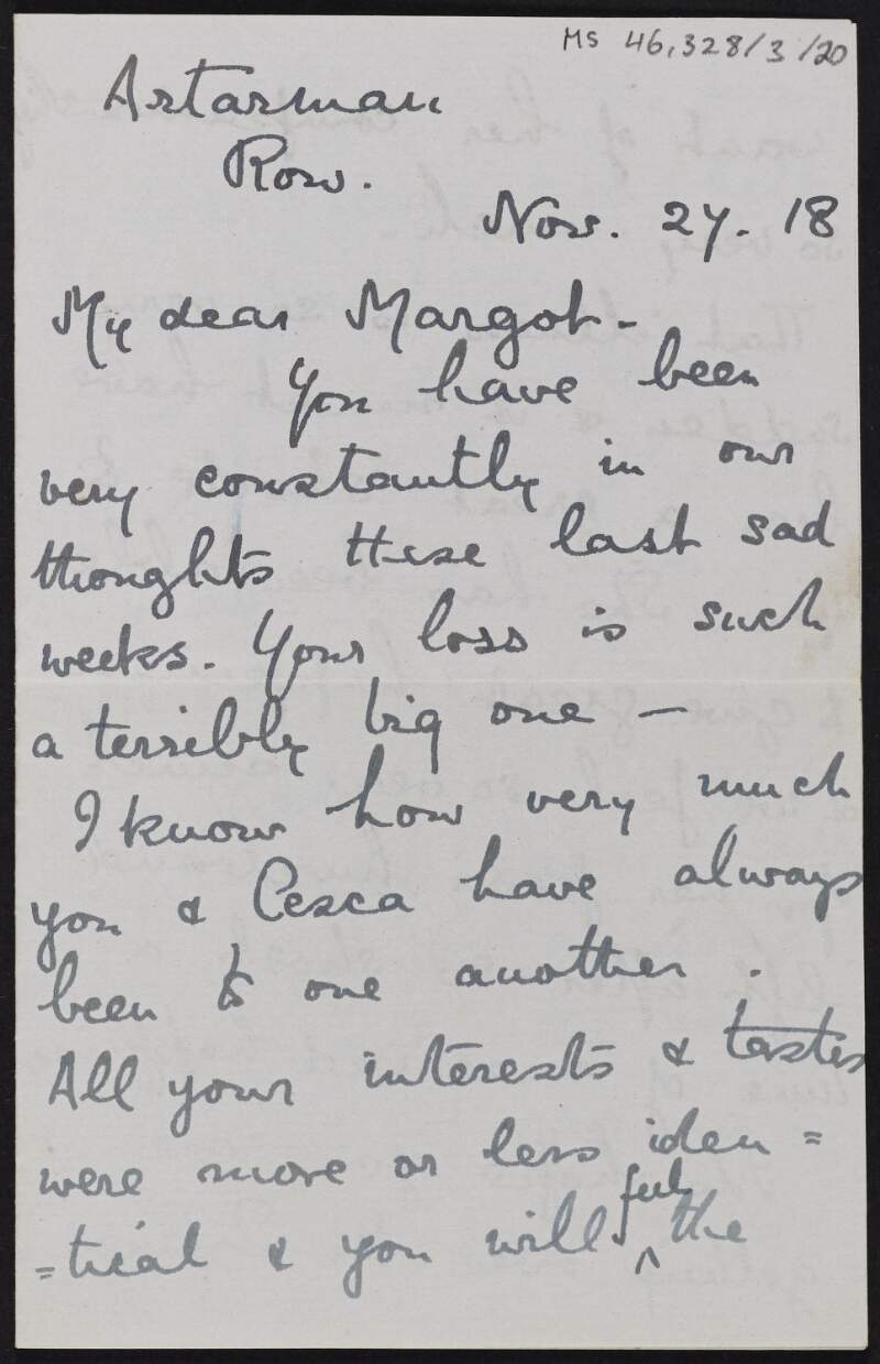 Letter from Ethel Gore-Booth to Margot Chenevix Trench sympathising with her on the death of Cesca,