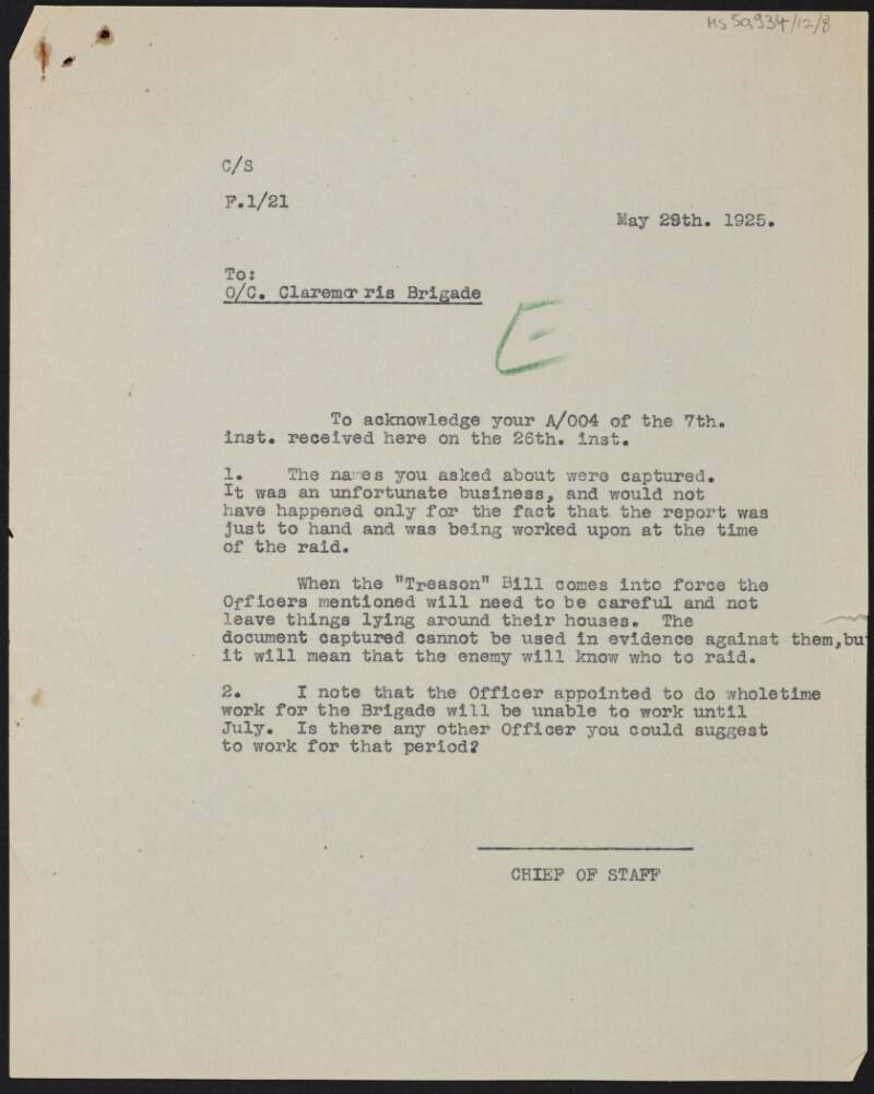Copy letter from Frank Aiken, Chief of Staff, to Officer Commanding Claremorris Brigade regarding the capture of officers,