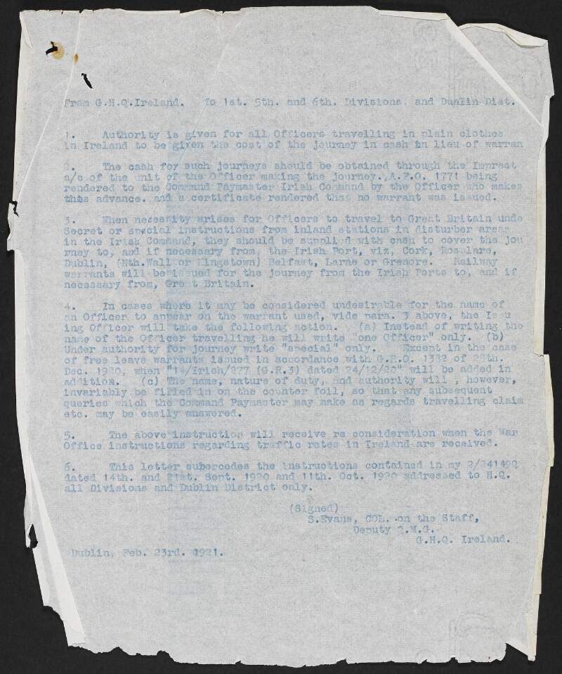 Copies of British army documents intercepted Southern Division I.R.A. documents,