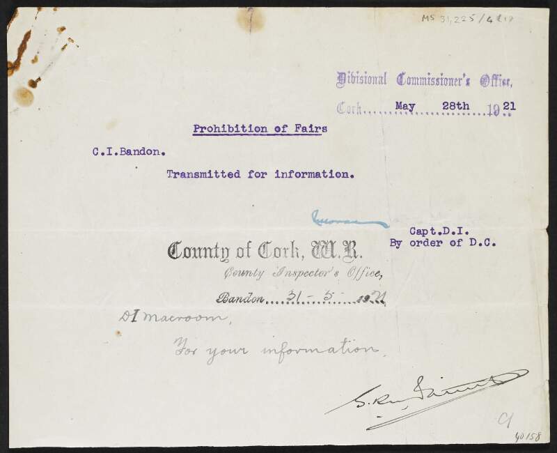 Letter from the Divisional Commissioner's Office, Royal Irish Constabulary, to the County Inspector's Office, Bandan, County Cork, regarding the prohibition of fairs,