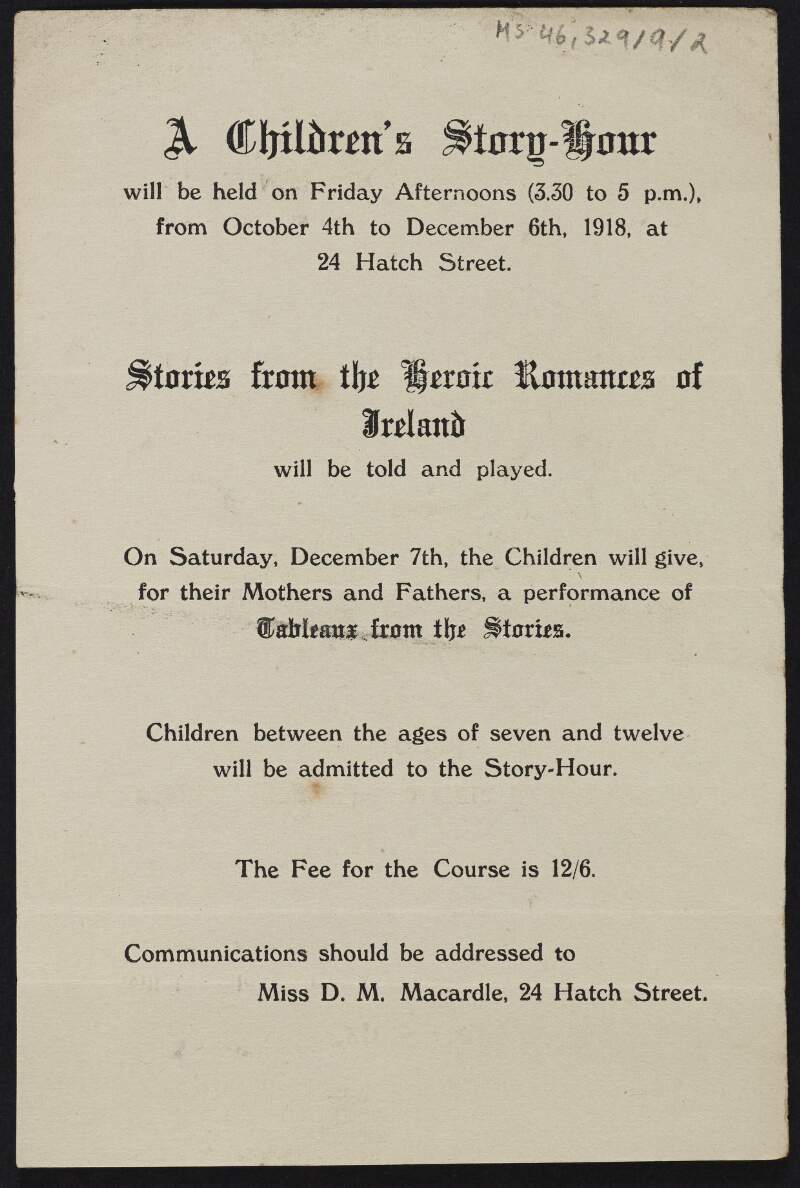 Handbill by D.M. Macardle titled 'A Children's Story-Hour',