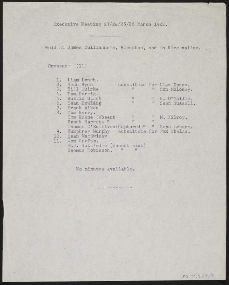 List of attendees at the Executive Meeting of the Irish Republican Army 23-26 March 1923,