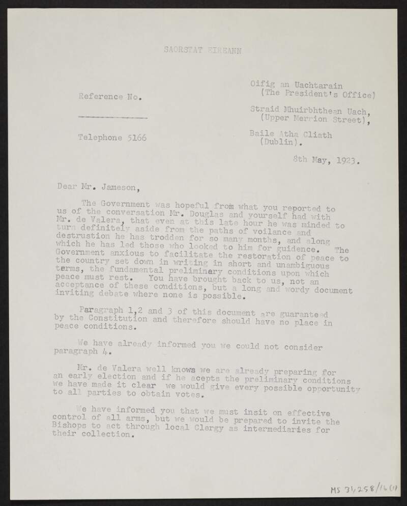 Copy letter from Liam Cosgrave, President, Irish Free State, to Andrew Jameson regarding the proposed terms of settlement to end the Irish Civil War,