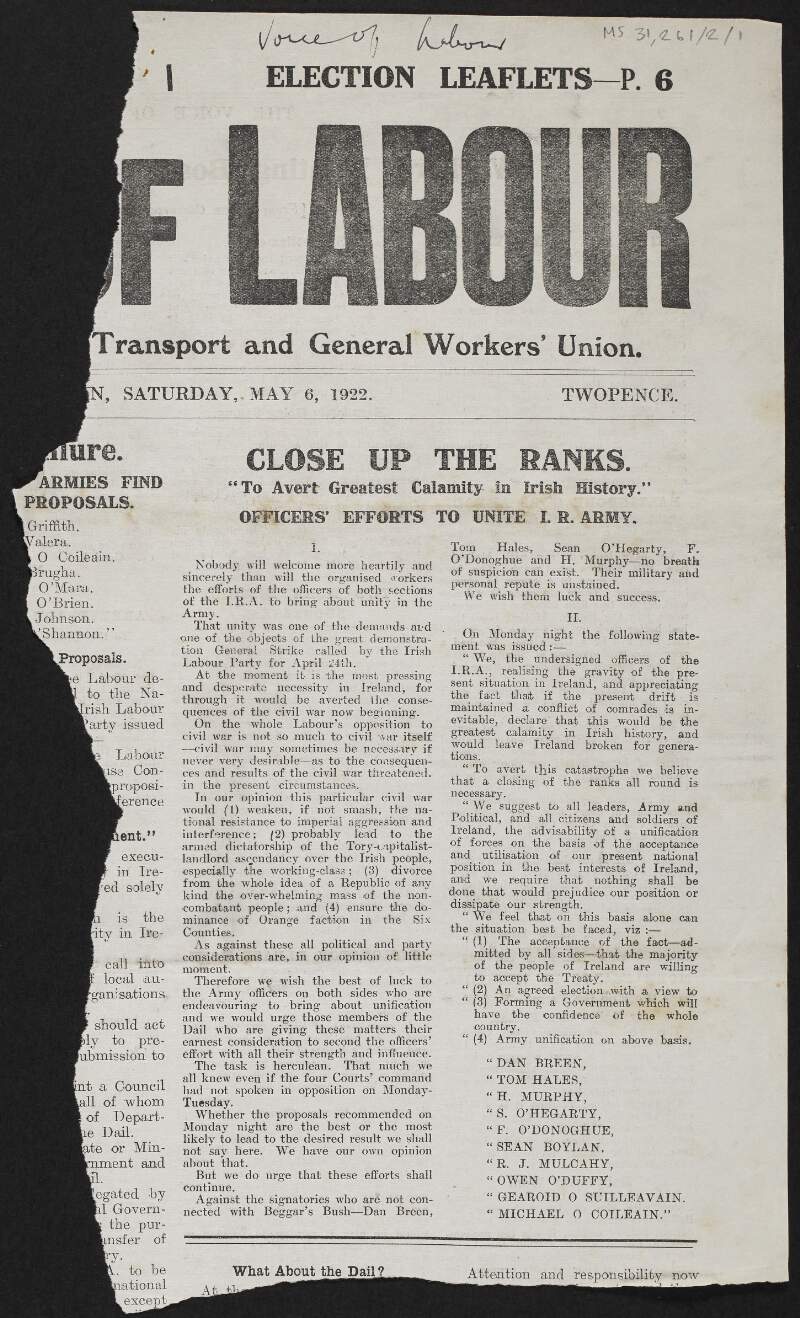 Newspaper cutting from 'Voice of Labour' of article titled "Close Up the Ranks. / To Advert Greatest Calamity in Irish History." / Officers' Efforts to Unite I.R. Army.",